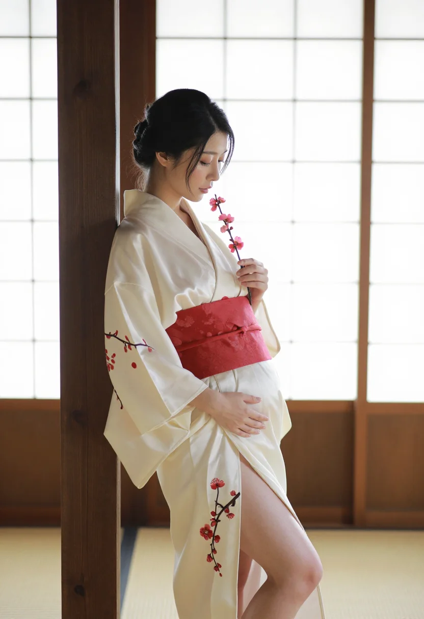AI tokyo maternity studio kimono sample — portrait of a woman, an adult Japanese woman in side view beside the shoji screen