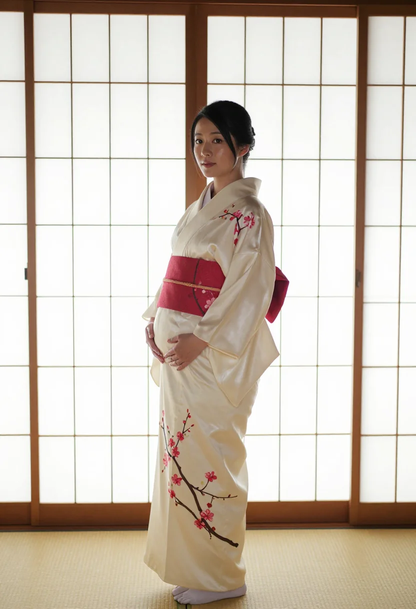 AI tokyo maternity studio kimono sample — portrait of a woman, an adult Japanese woman in her mid thirties in a silk kimono by the paper screen