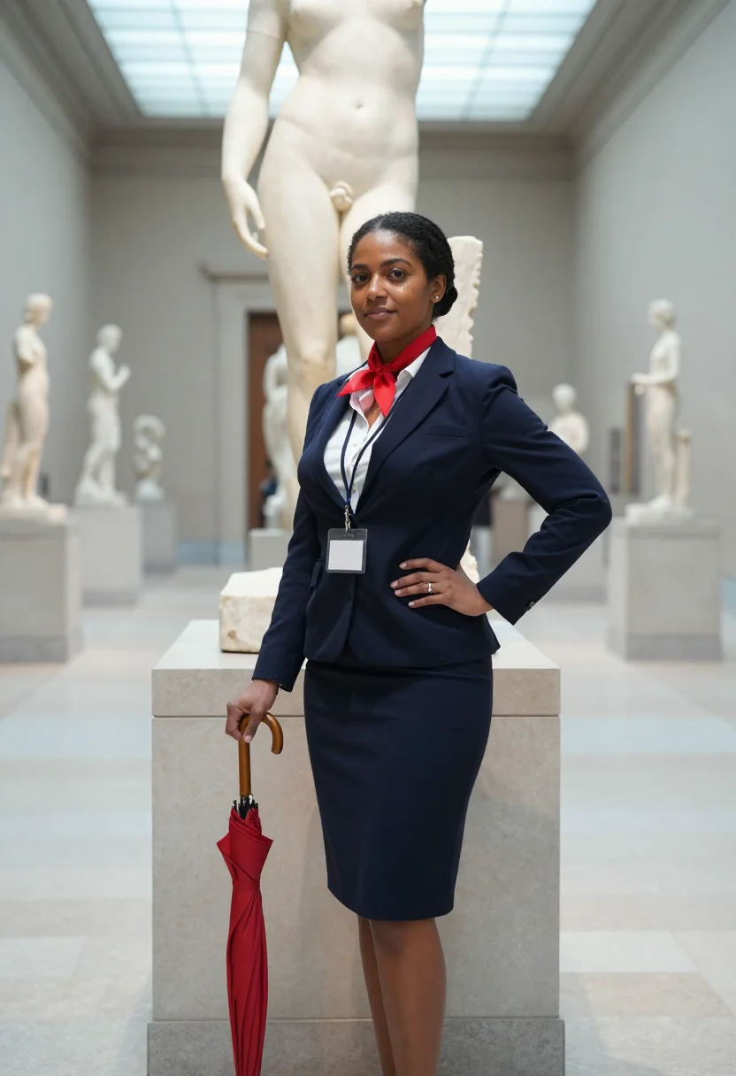 AI tour guide sample — portrait of a woman, an adult woman with deep warm-brown skin, holding a red umbrella as a flag