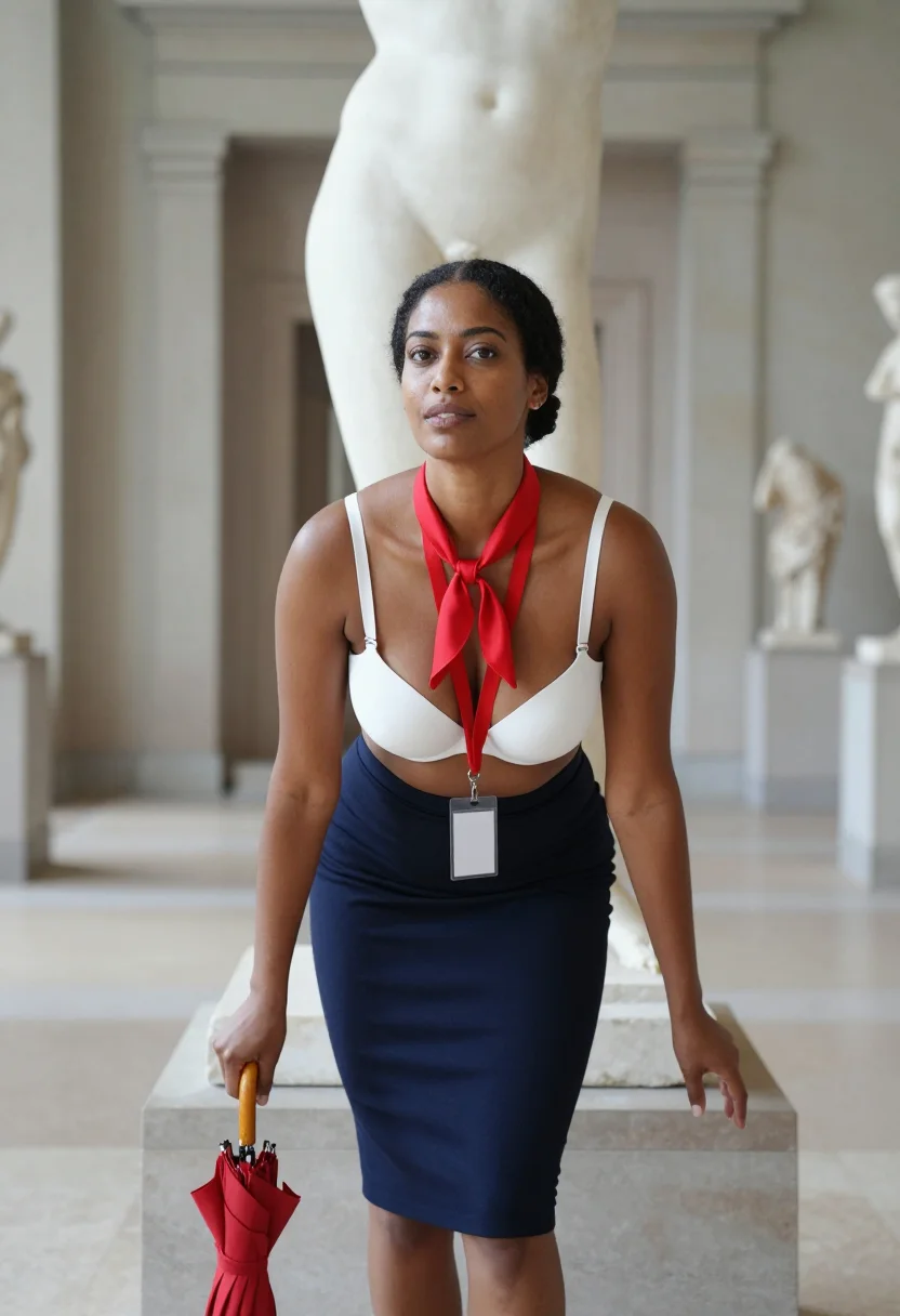 AI tour guide sample — portrait of a woman, an adult woman with deep warm-brown skin, standing beside the marble statue in gallery daylight