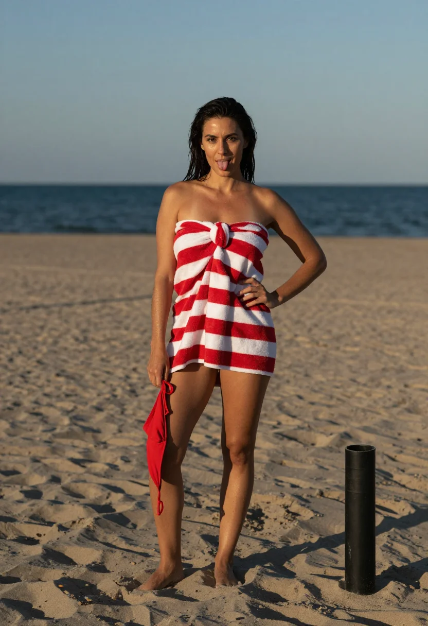 AI beach sarong sample — portrait of an adult woman with sun-warmed olive skin, knotting a towel on the sand