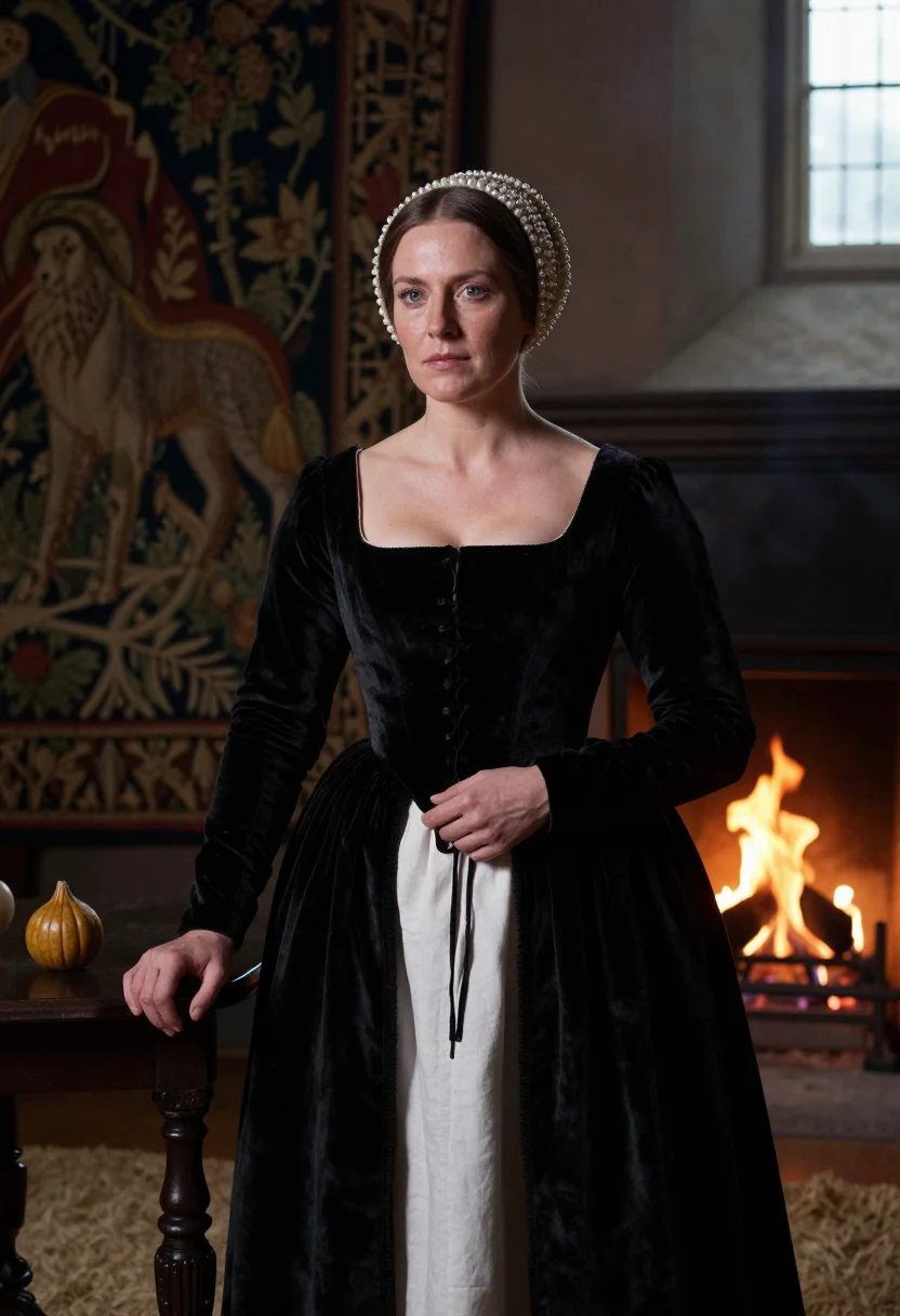 AI tudor queen sample — portrait of a woman, three-quarter-length portrait of an adult woman in a square-necked velvet gown, the French hood on, before a tapestry.