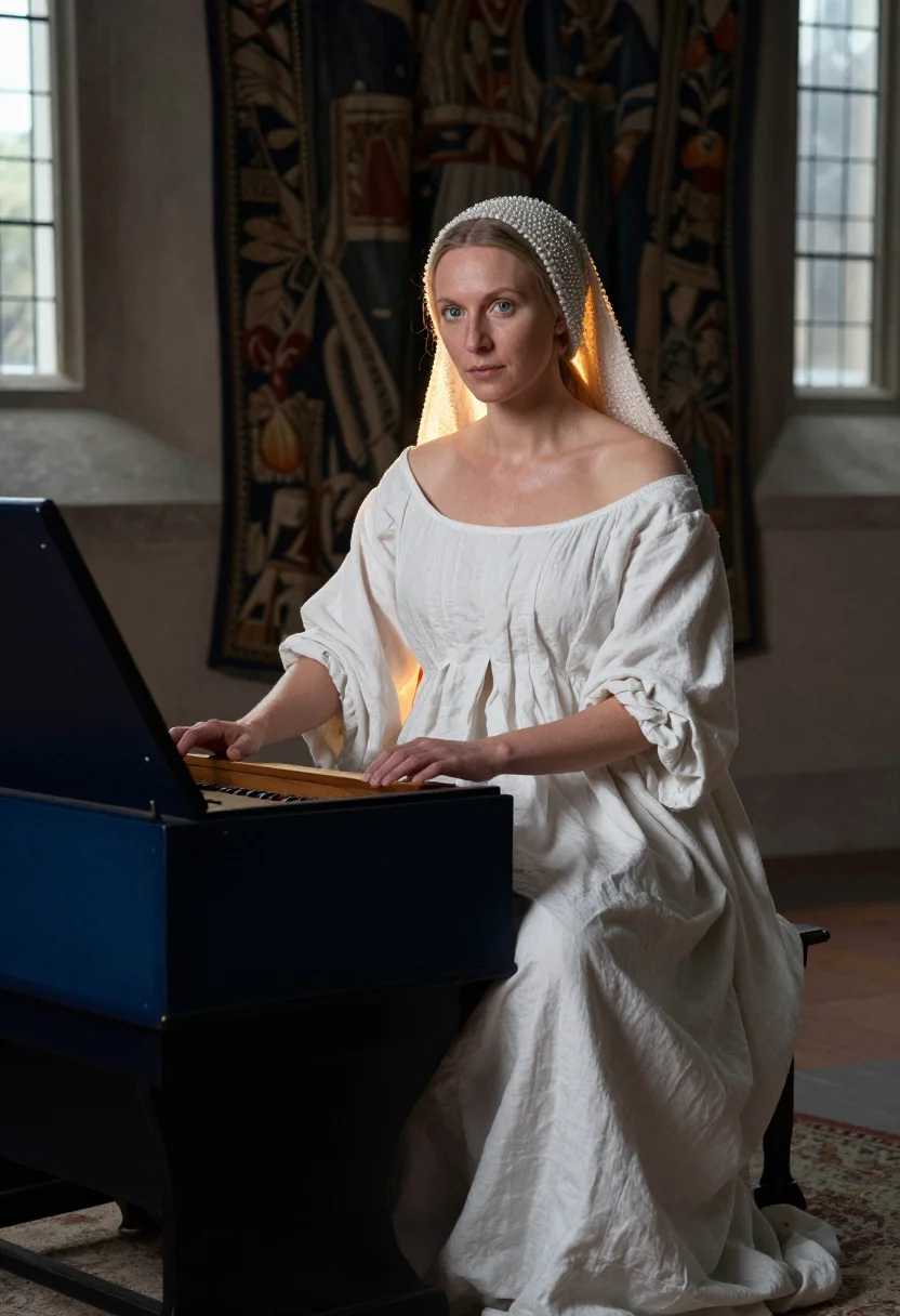 AI tudor queen sample — portrait of a woman, three-quarter-length portrait of an adult woman at the virginals, both hands resting on the closed lid.
