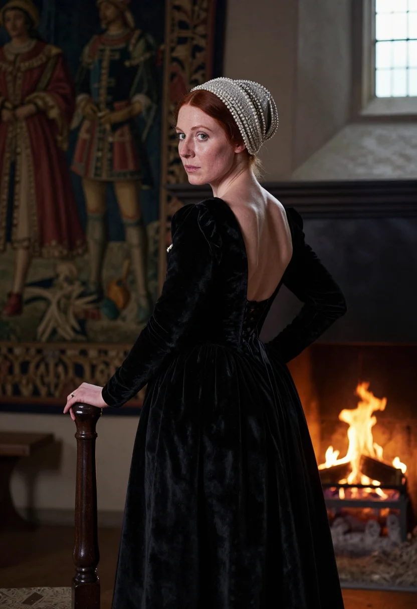AI tudor queen sample — portrait of a woman, three-quarter-length portrait of an adult woman in the velvet gown, firelight warm on the black pile.