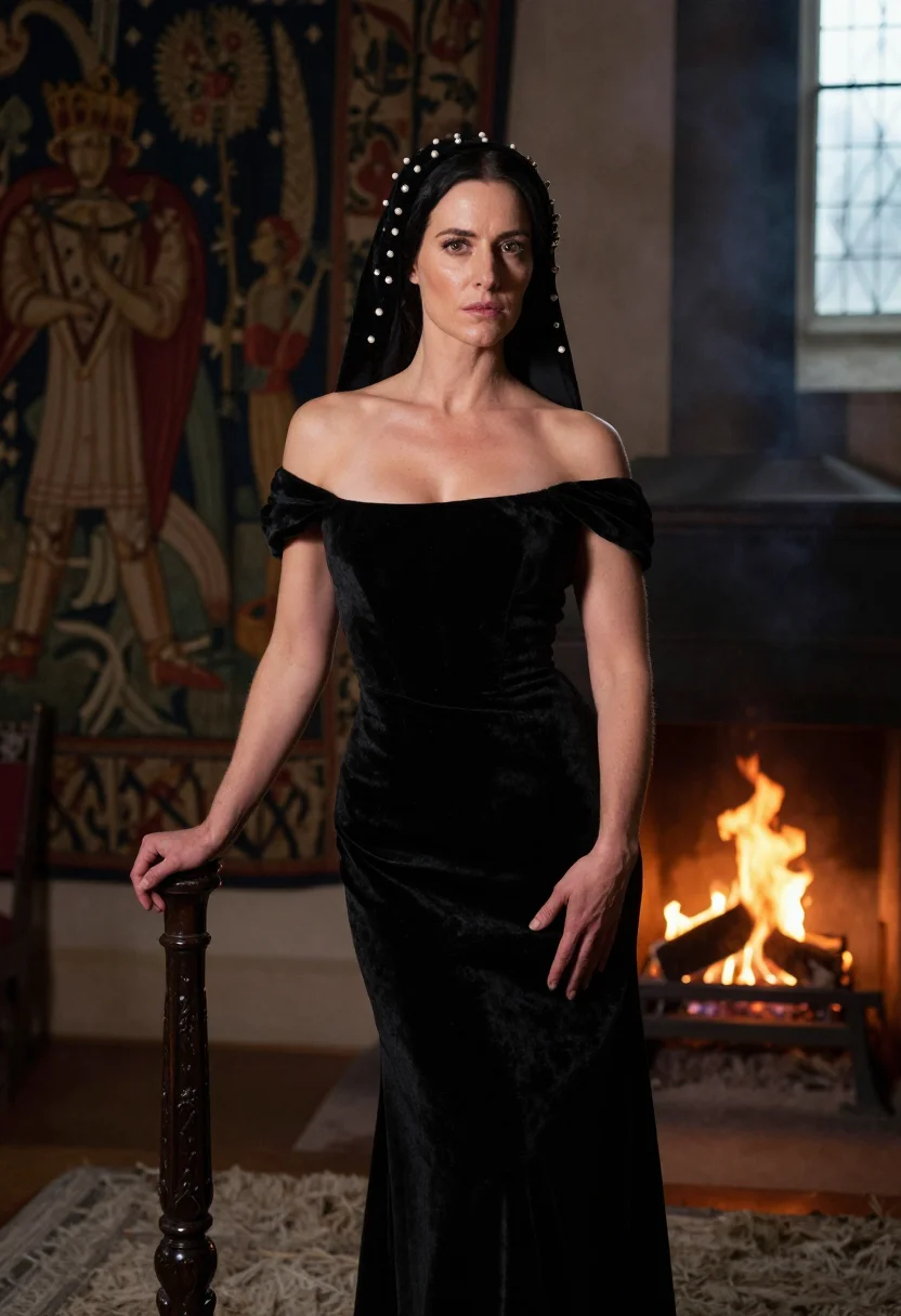 AI tudor queen sample — portrait of a woman, half-length portrait in full profile of an adult woman, the French hood's pearls catching the chamber's leaded-window light.
