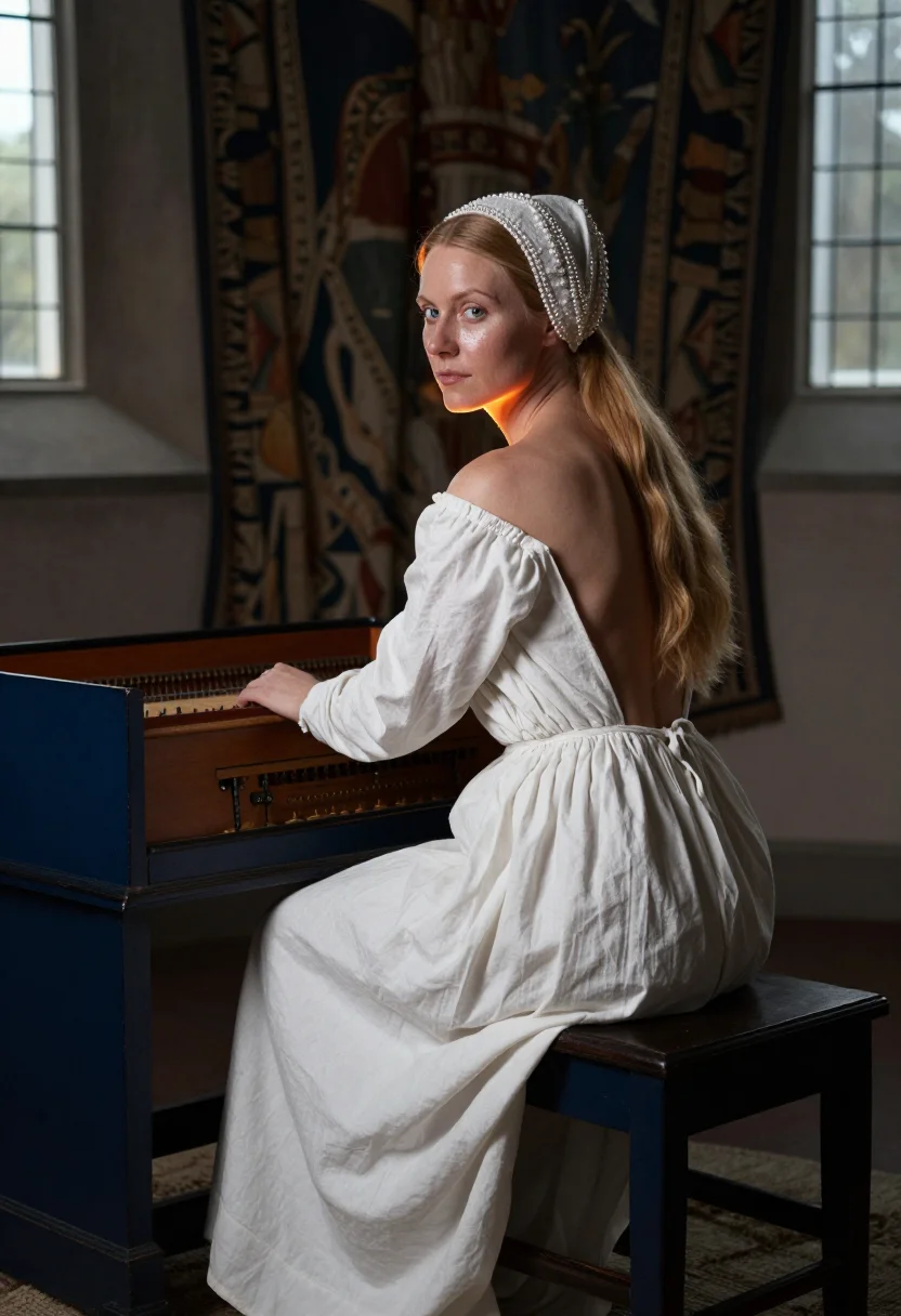 AI tudor queen sample — portrait of a woman, three-quarter-length portrait of an adult woman by the virginals, the kirtle's embroidered sleeves in the candlelight.