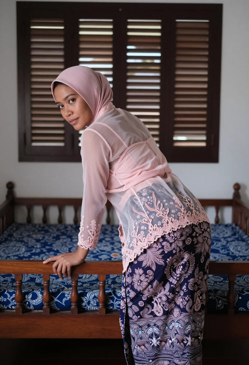 AI tudung kebaya sample — portrait of a woman, leaning forward at the waist onto a carved rail.