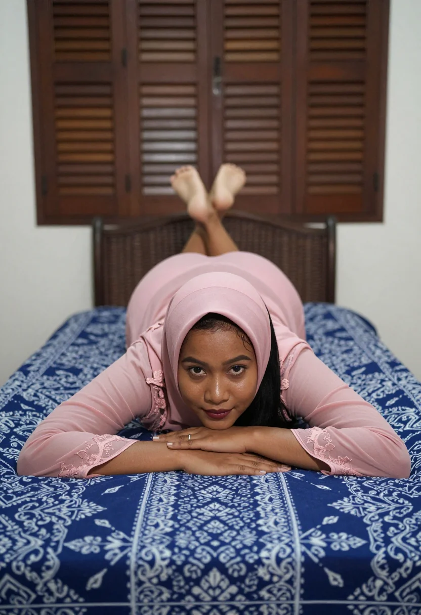 AI tudung kebaya sample — portrait of a woman, resting along the indigo batik cloth.