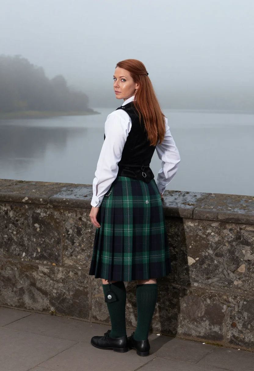 AI tartan kilt sample — portrait of an adult woman, full-length rear three-quarter portrait