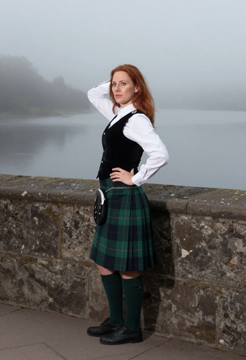 AI tartan kilt sample — portrait of an adult woman, full-length side-profile portrait
