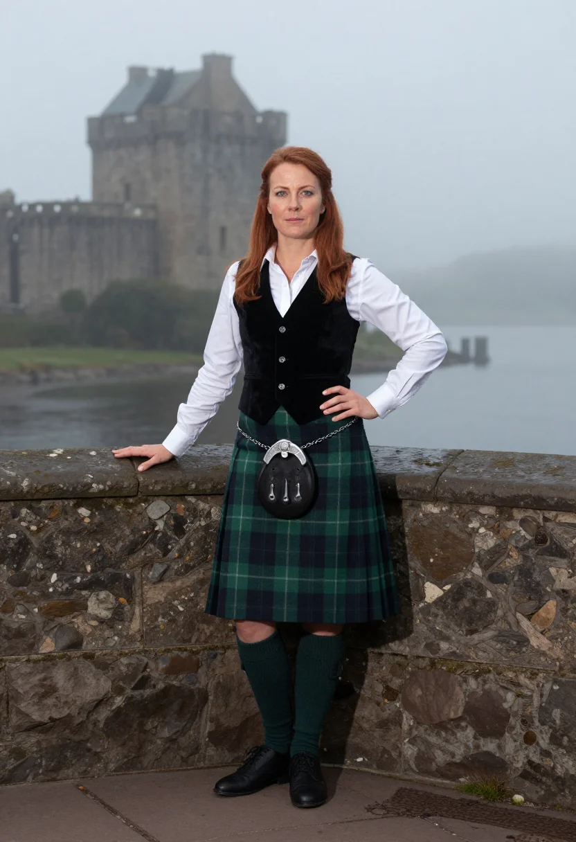 AI tartan kilt sample — portrait of an adult woman, full-length three-quarter portrait