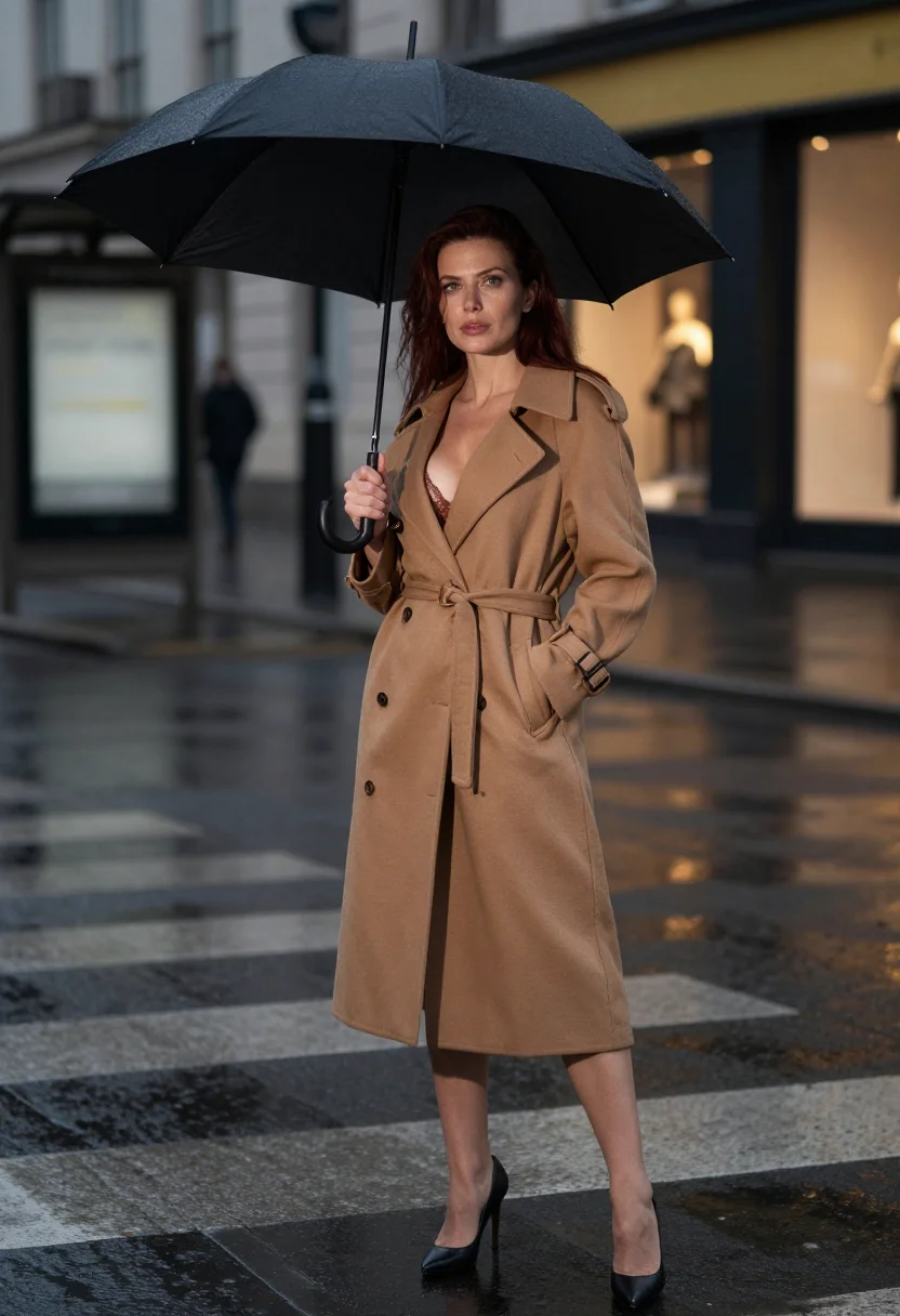 AI under the trench sample — portrait of a woman, an adult Northern-European woman with fair skin, the collar up in November rain
