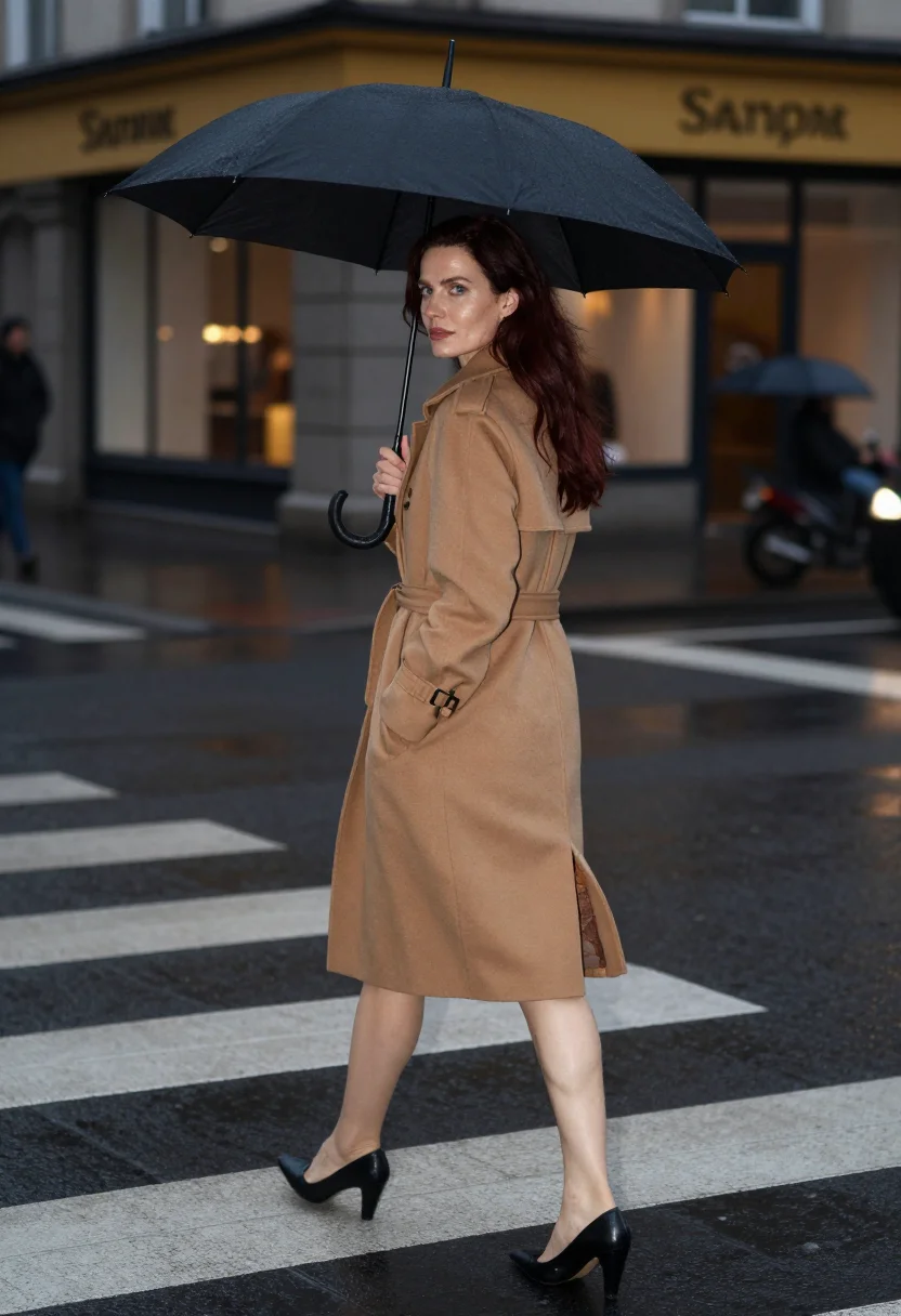 AI under the trench sample — portrait of a woman, an adult Northern-European woman with fair skin, holding an umbrella at the crossing