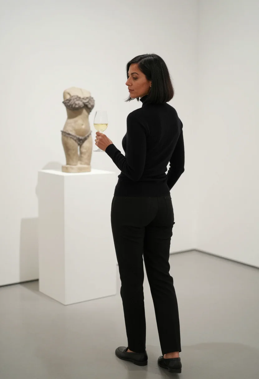 AI under the turtleneck sample — portrait of a woman, an adult Italian woman with warm olive 