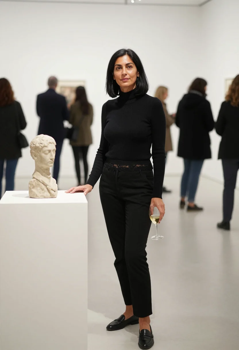 AI under the turtleneck sample — portrait of a woman, an adult Italian woman with warm olive 