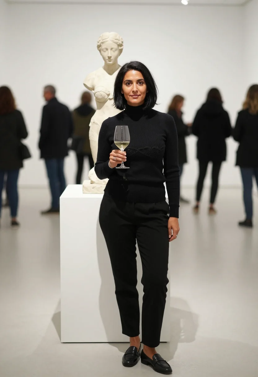 AI under the turtleneck sample — portrait of a woman, an adult Italian woman with warm olive