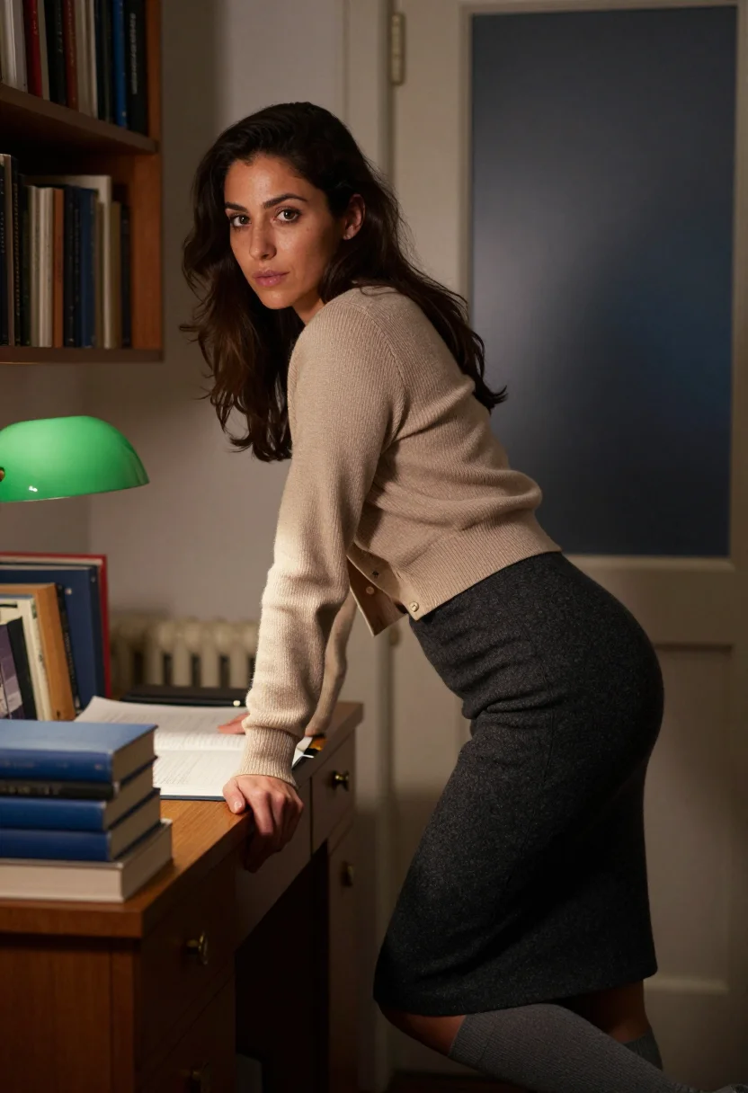 AI university ta sample — portrait of an adult woman, three-quarter-length, cross-legged on the desk chair with a red pen and blue books
