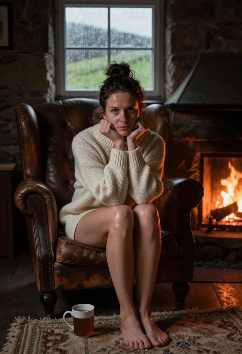 AI unshaved legs cottage sample — portrait of a woman, full-length frontal view in a cream jumper in a Welsh stone cottage