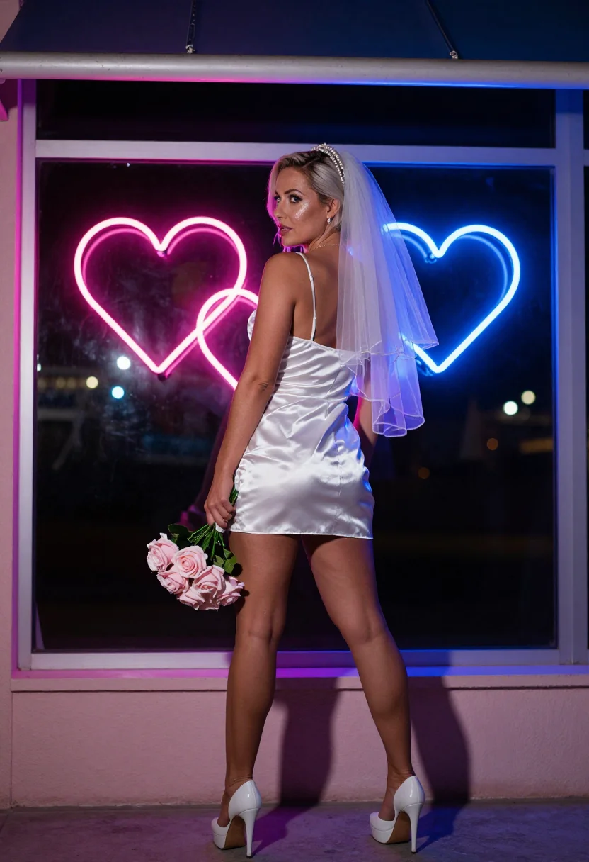 AI vegas chapel bride sample — photograph of a woman, three-quarter-length rear view at the chapel door