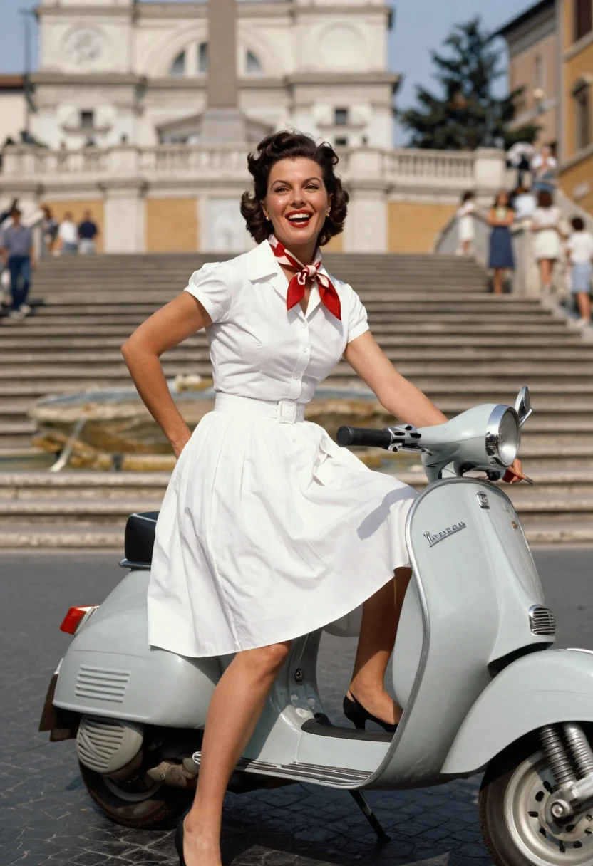 AI vespa roma sample — portrait of an adult woman, three-quarter-length photograph on a Roman street.