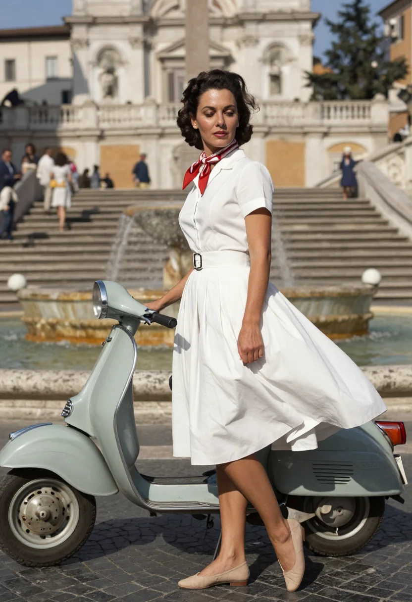 AI vespa roma sample — portrait of an adult woman, full-length photograph of an Italian woman on a scooter.