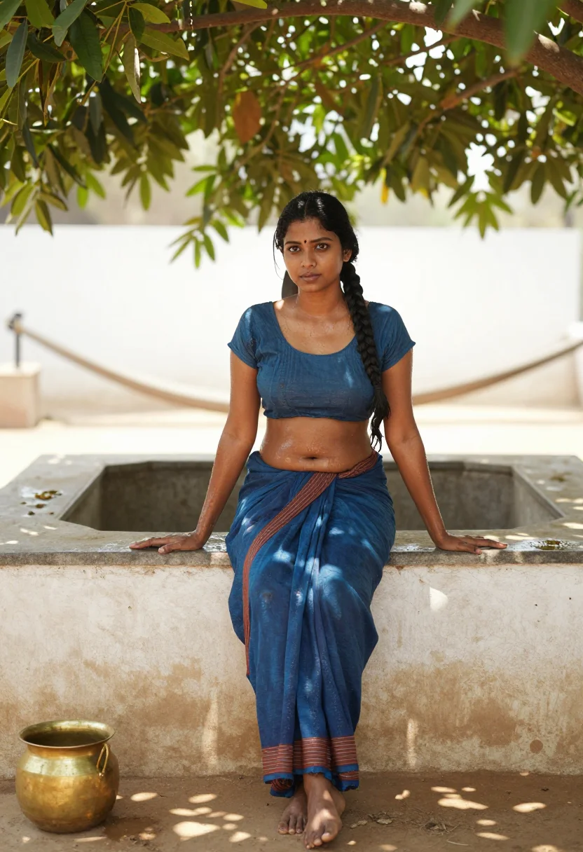 AI village well sample — portrait of a grown woman, South-Asian, seated on the well's low wall