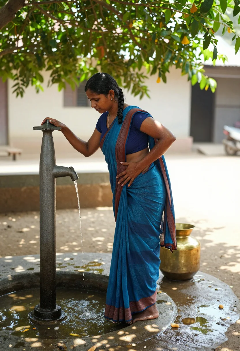 AI village well sample — portrait of a grown woman, South-Asian, at the hand pump, side profile