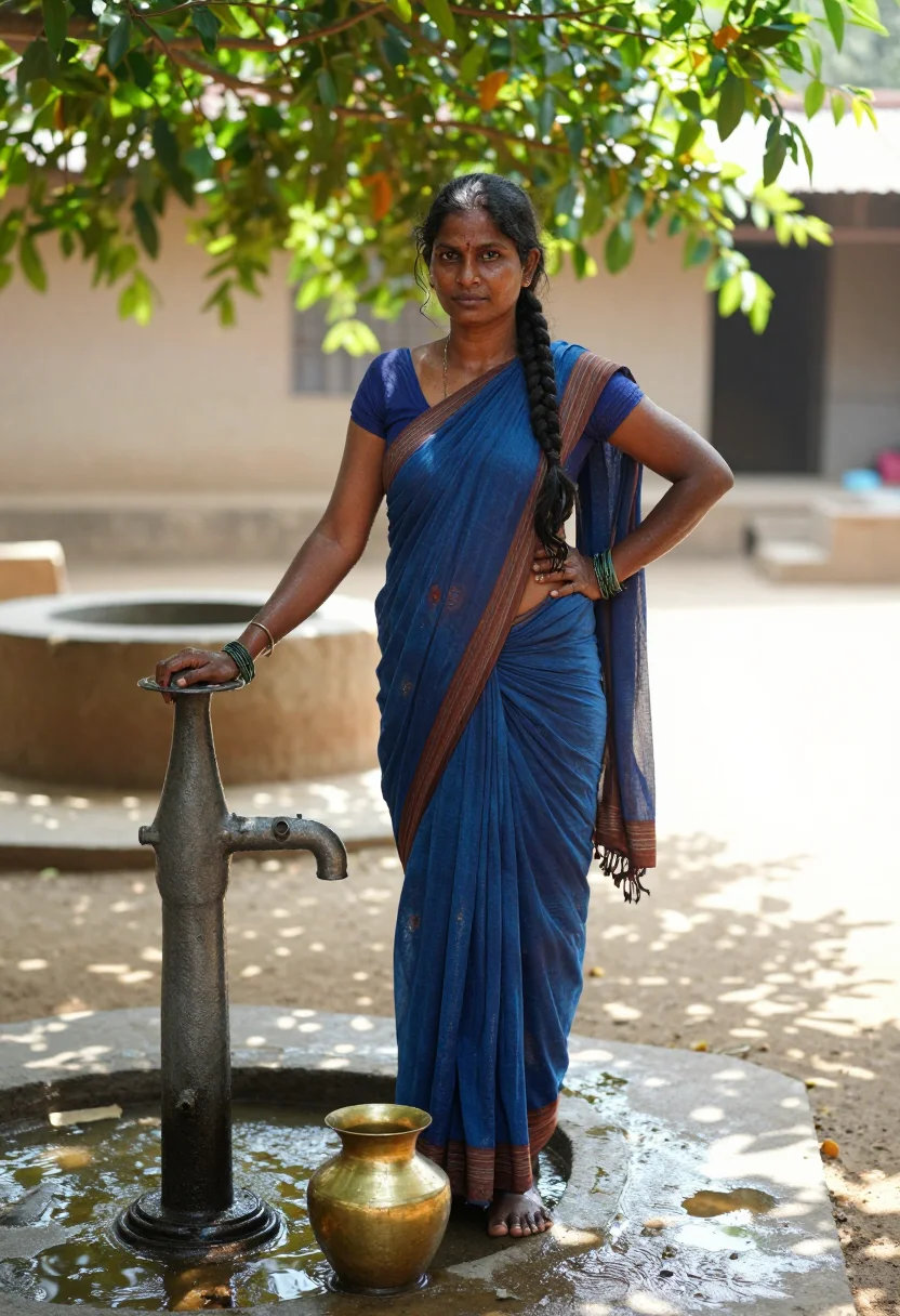 AI village well sample — portrait of a grown woman, South-Asian, at the hand pump in a cotton sari