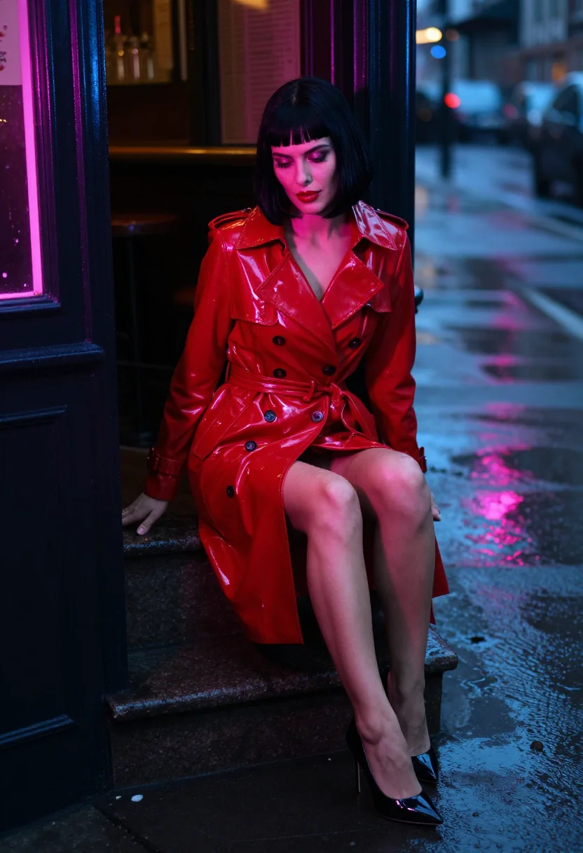 AI vinyl trench sample — portrait of a woman in an open red vinyl trench over a slip dress under an awning