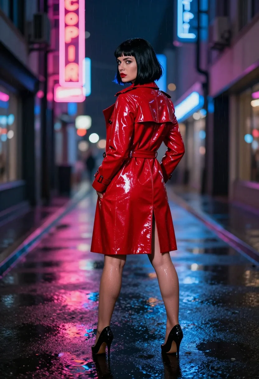 AI vinyl trench sample — rear view of a woman in a red vinyl trench coat in the rain mid-street