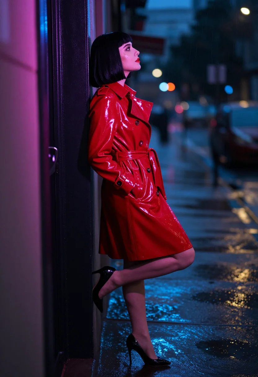 AI vinyl trench sample — portrait of a woman in a belted red vinyl trench coat in a neon-lit doorway