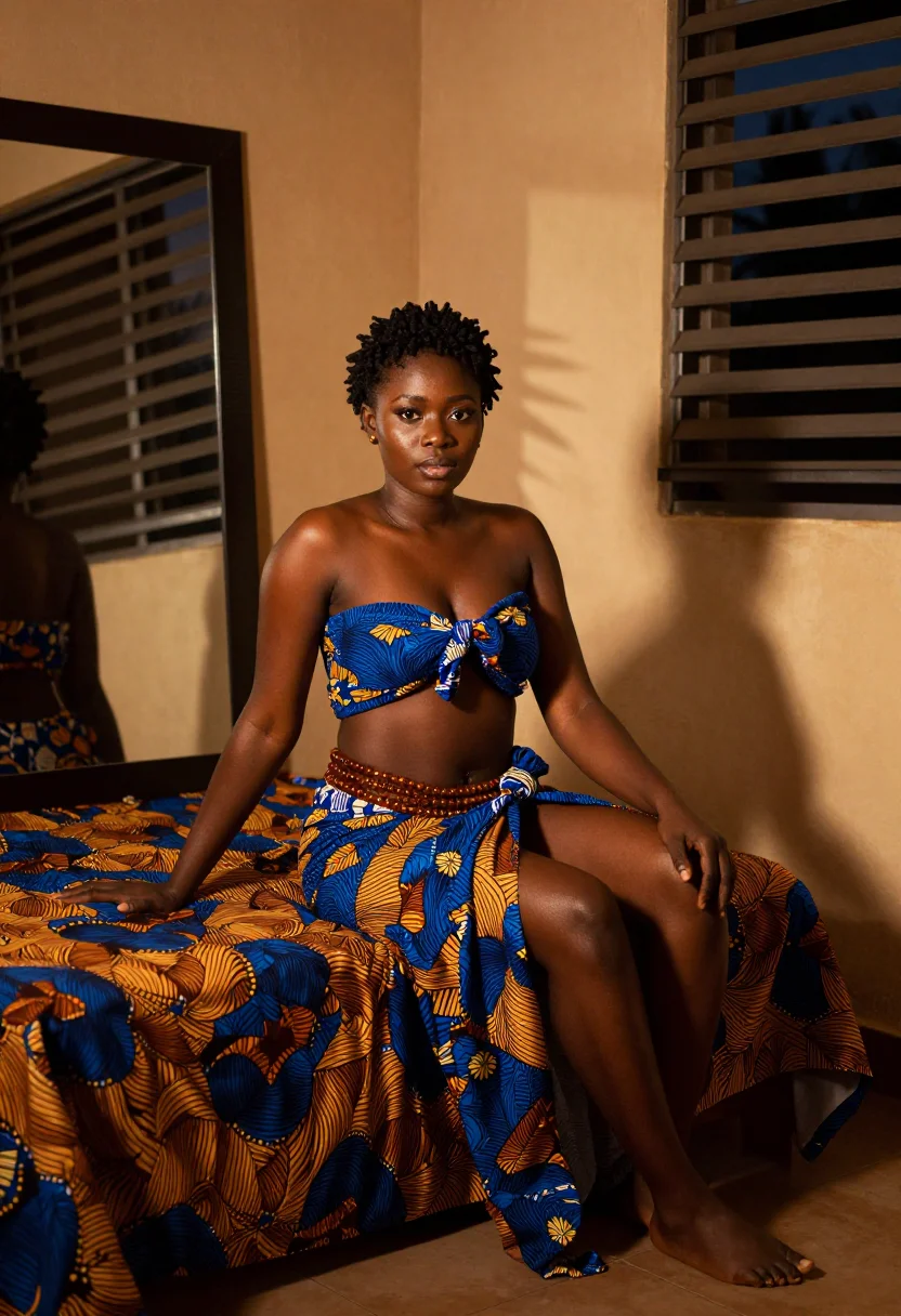 AI waist beads sample — portrait of an adult Nigerian woman, full-length, the wrapper knotted at the bust in the evening heat