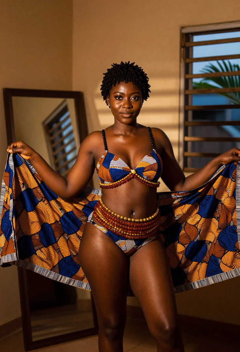 AI waist beads sample — portrait of an adult woman, three-quarter-length, the wrapper held wide like wings