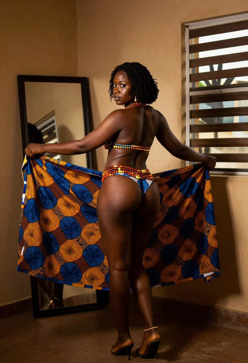 AI waist beads sample — portrait of an adult Nigerian woman, full-length, the wrapper held wide over matching underwear