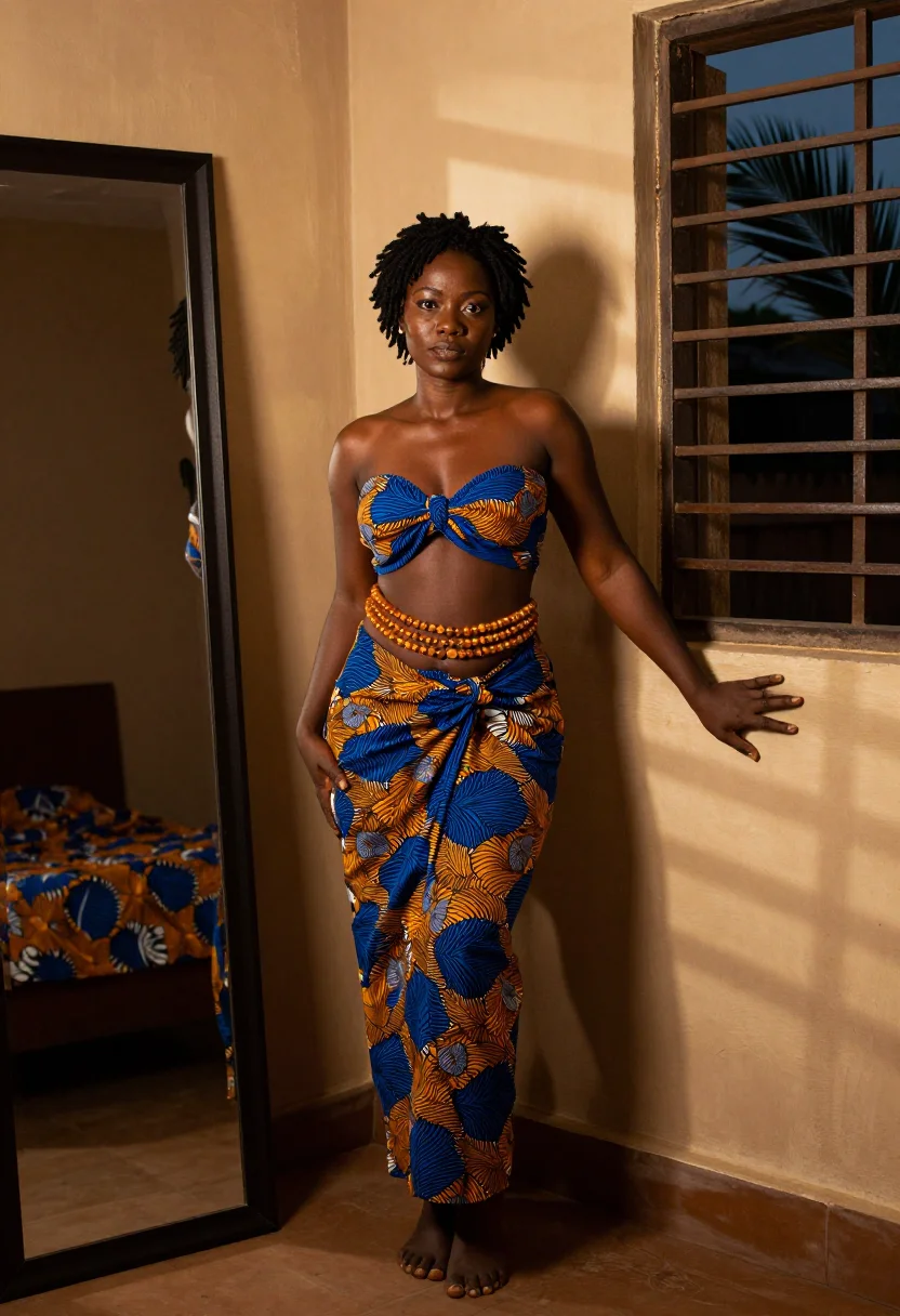 AI waist beads sample — portrait of an adult Nigerian woman, full-length, three strands of amber beads at her hip