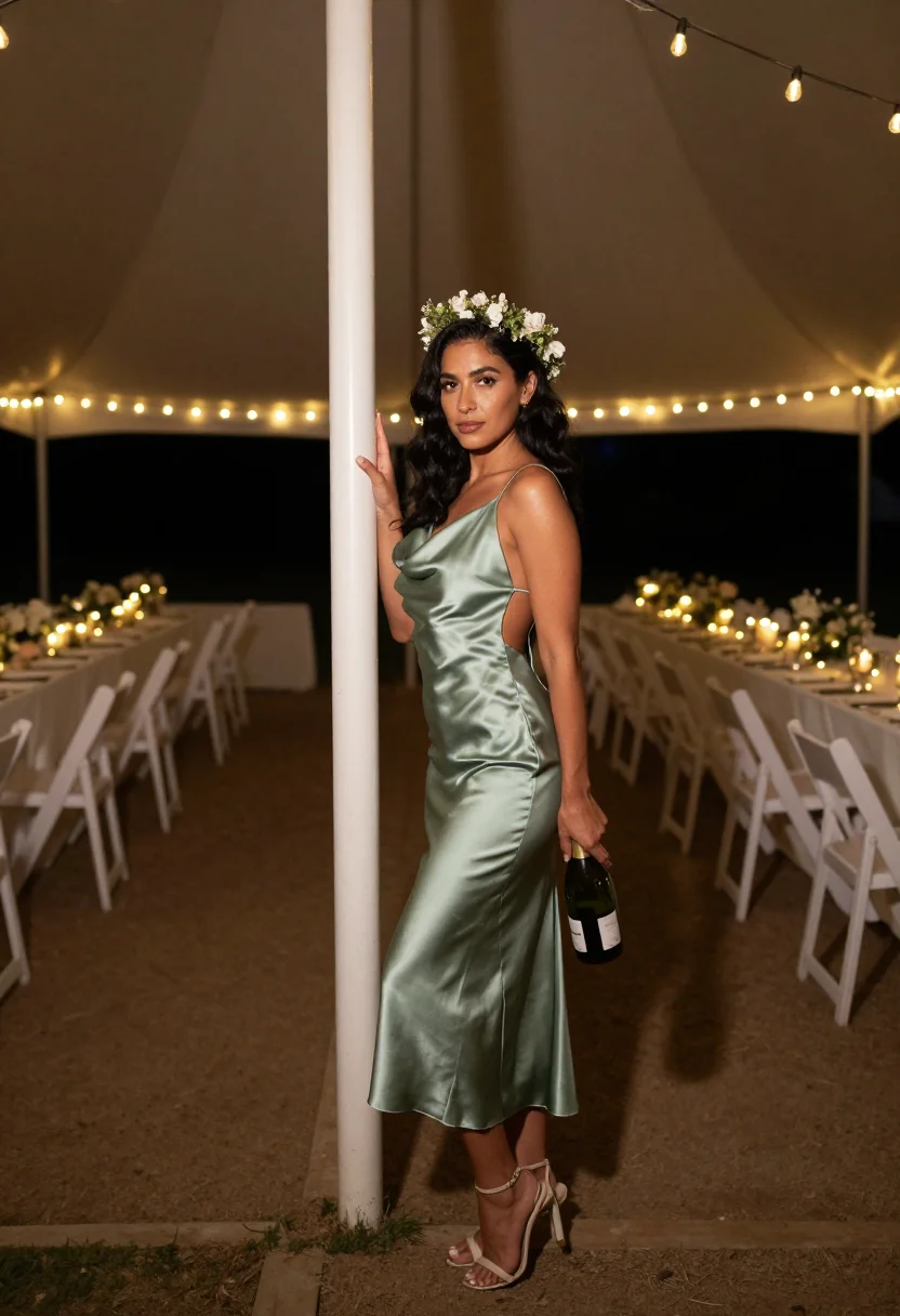 AI wedding guest sample — portrait of an adult woman, with golden-olive skin, dark ambered hair, in a marquee