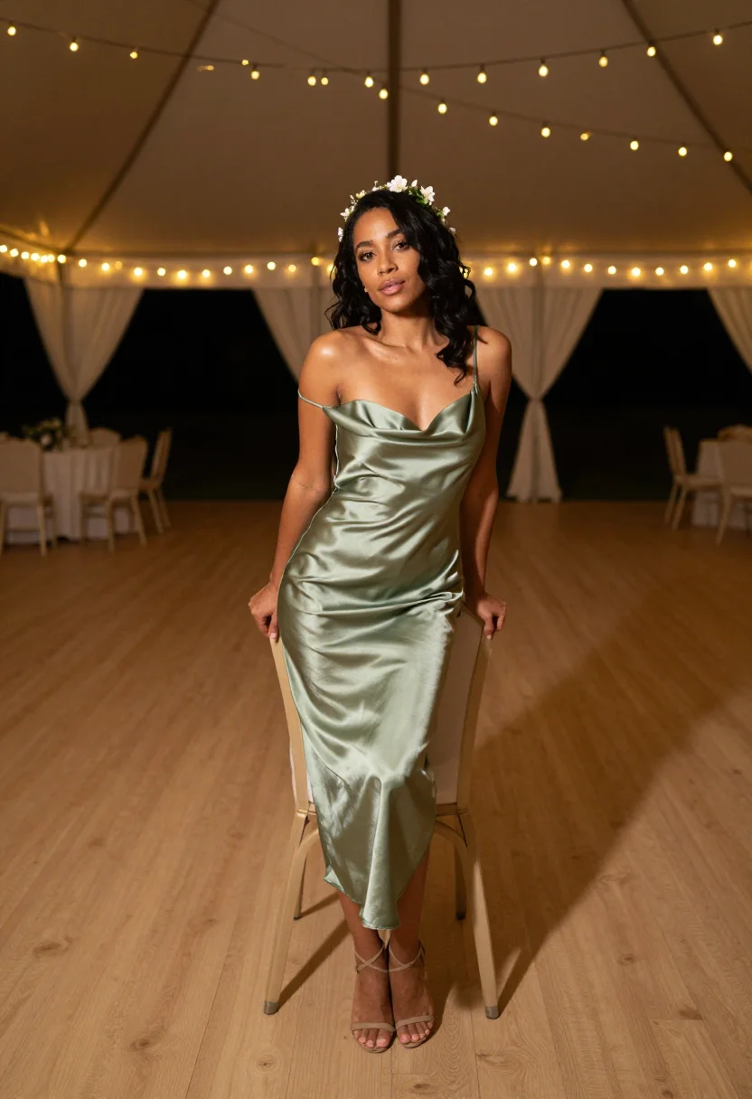 AI wedding guest sample — portrait of an adult woman, with golden-olive skin, dark ambered hair, in a marquee