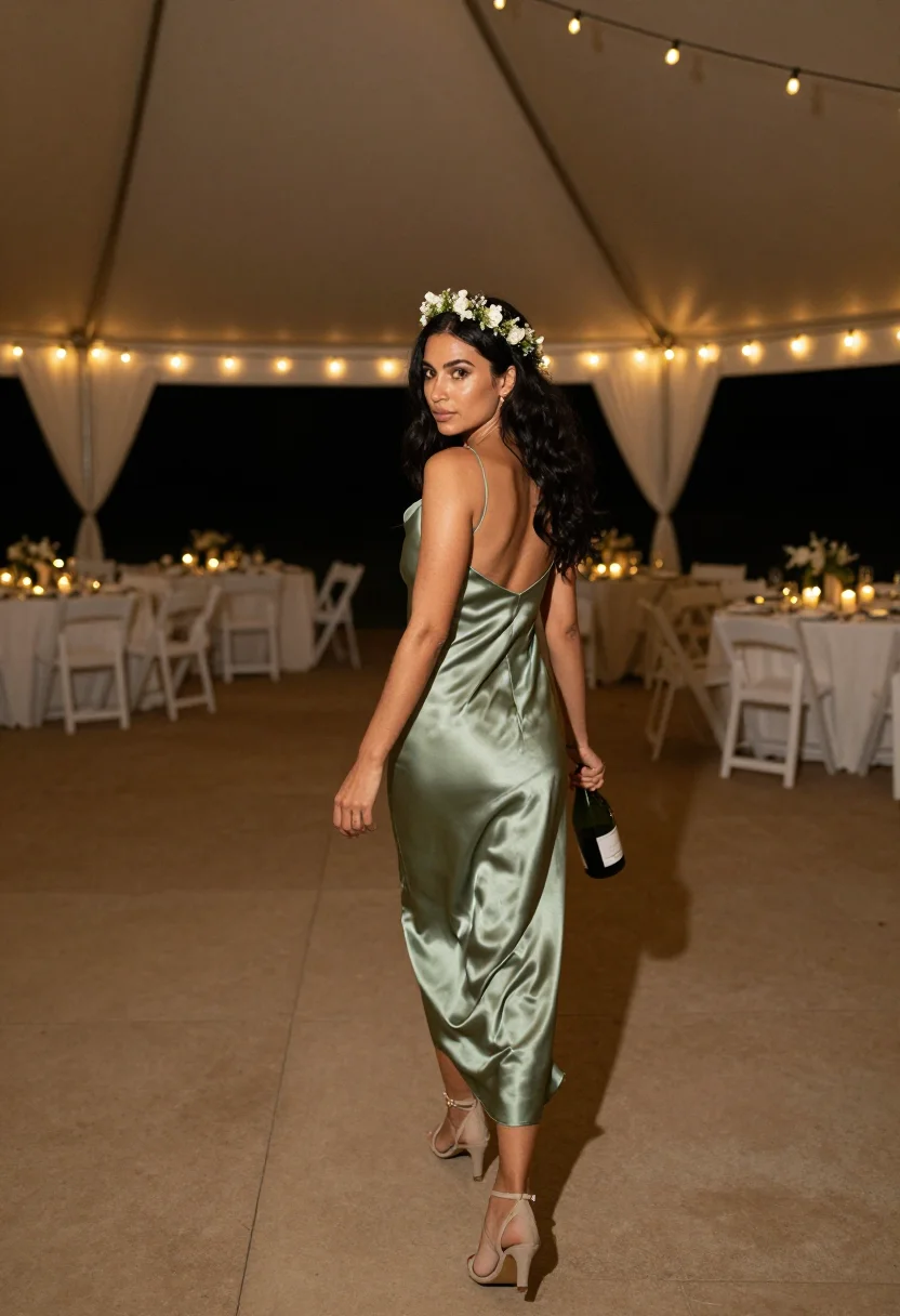 AI wedding guest sample — portrait of an adult woman, with golden-olive skin, dark ambered hair, in a marquee
