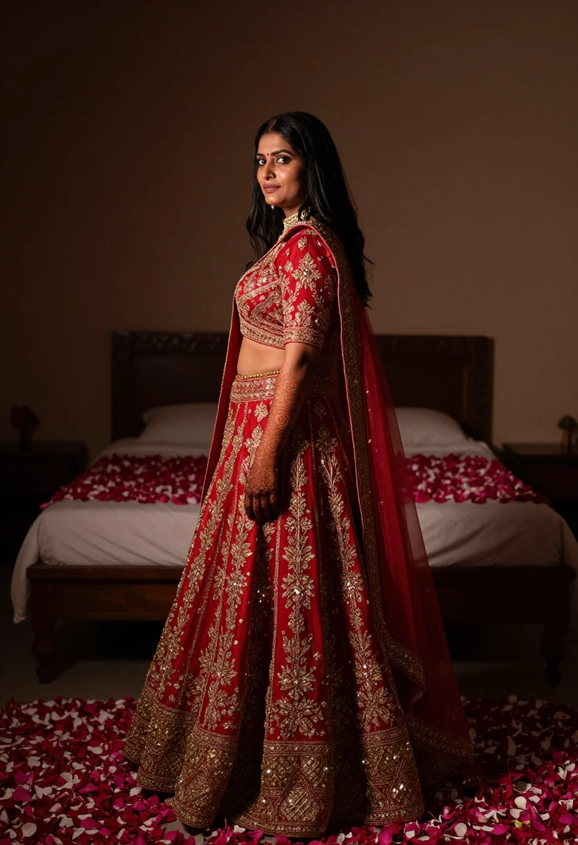 AI wedding henna veil sample — photographic portrait of an adult woman, standing at the foot of the bed with the veil over her hair