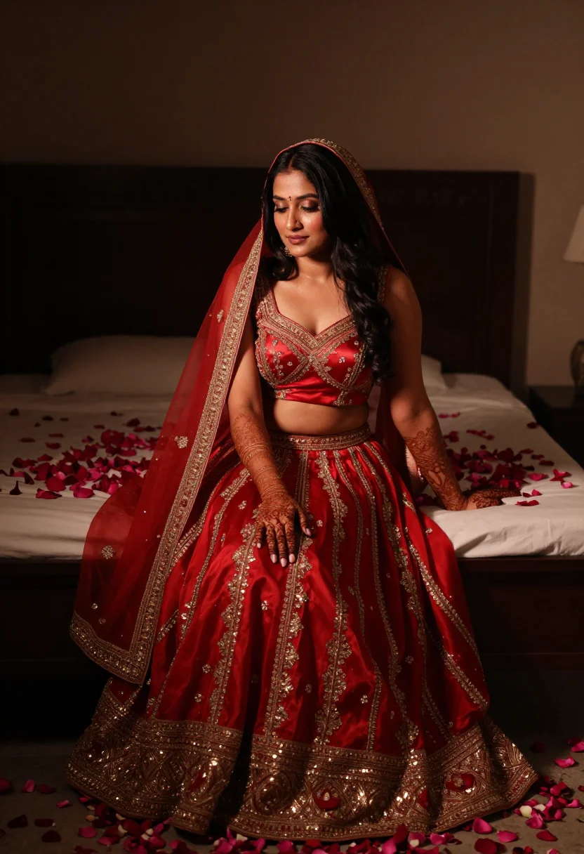 AI wedding henna veil sample — photographic portrait of an adult woman, seated on the edge of the bridal bed in a red-and-gold lehenga