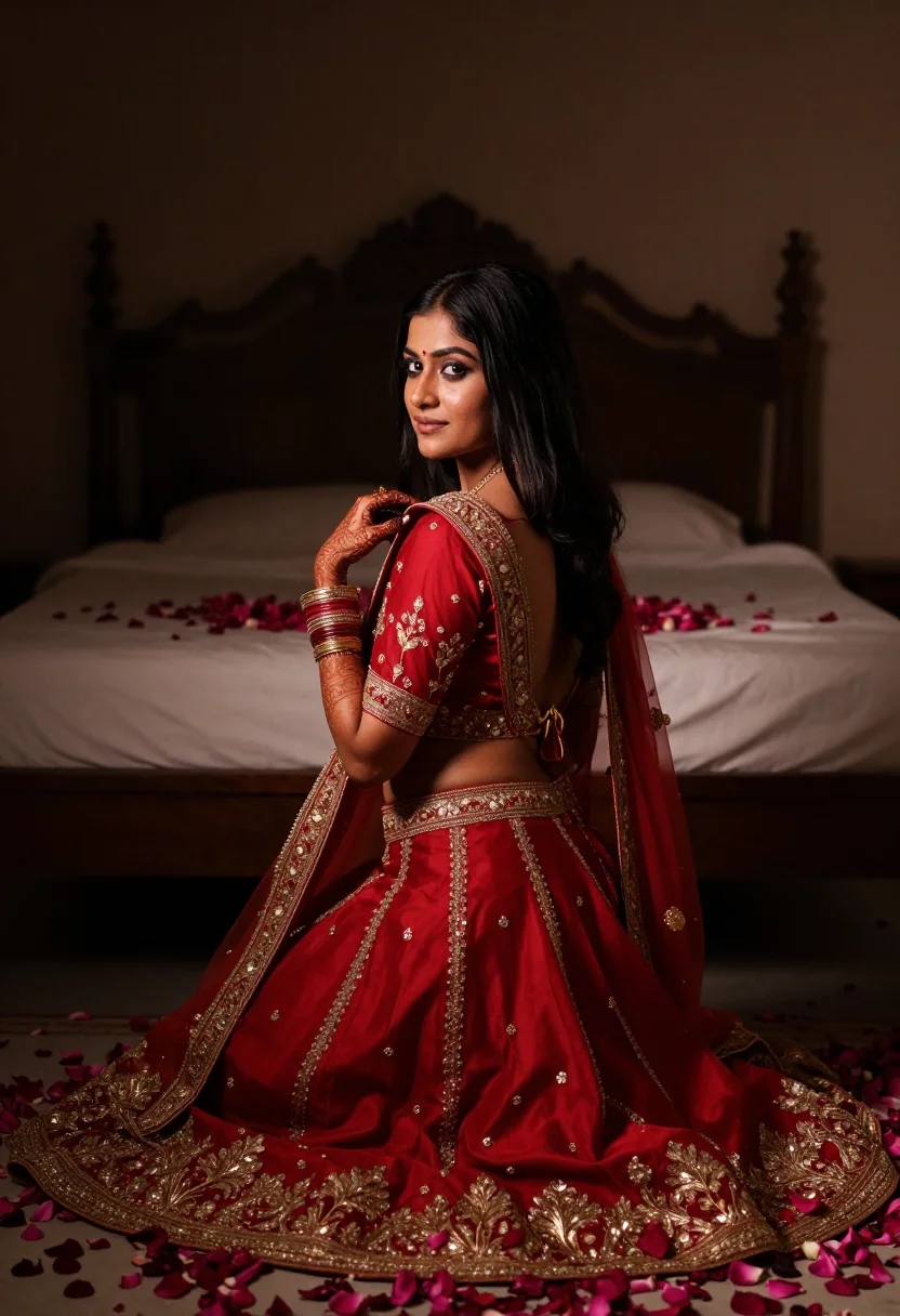 AI wedding henna veil sample — photographic portrait of an adult woman, kneeling upright on the petals in the gold veil