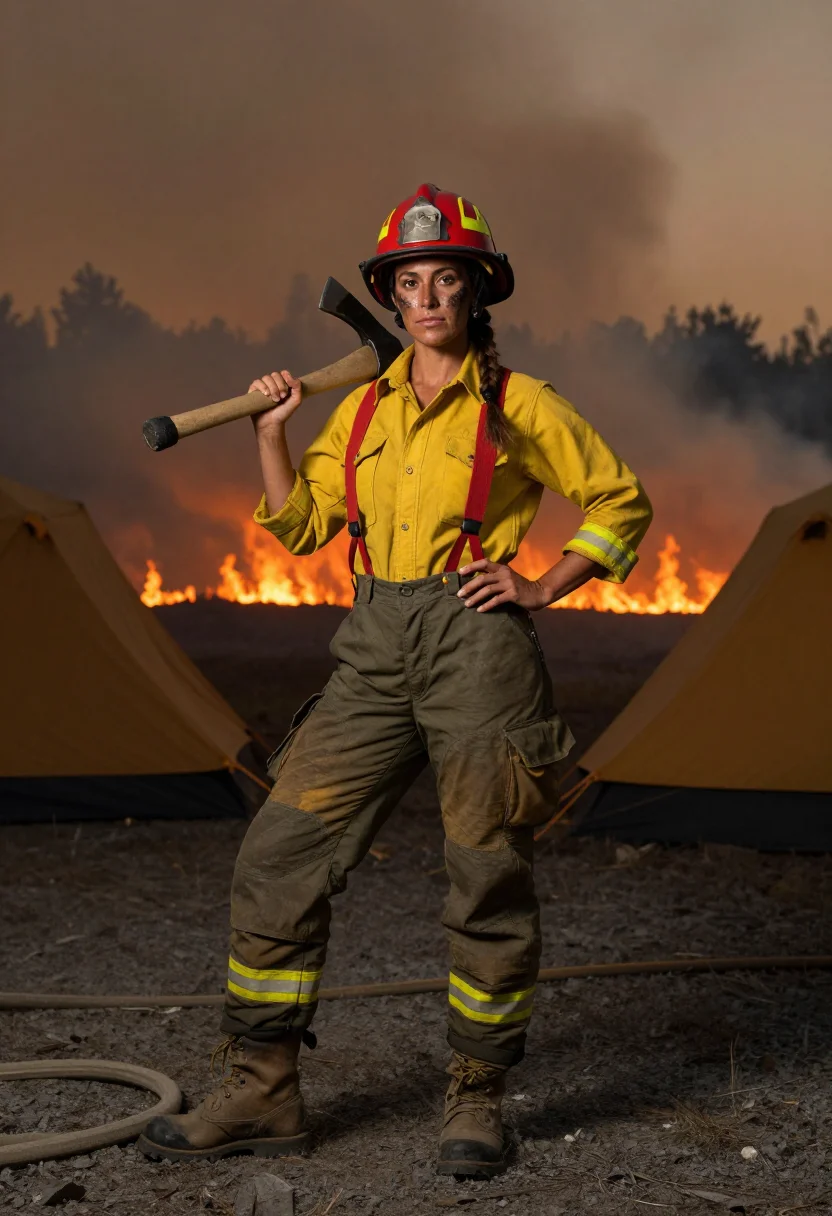 AI wildland firefighter sample — portrait of a woman, full-length three-quarter portrait of an adult woman by the tents