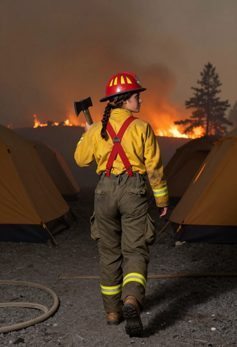 AI wildland firefighter sample — portrait of a woman, full-length rear three-quarter portrait of an adult woman on the ridge