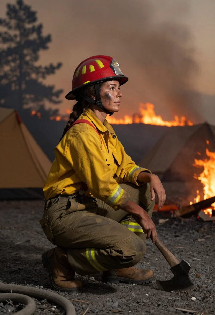 AI wildland firefighter sample — portrait of a woman, side-on crouching portrait of an adult woman by the fire engine