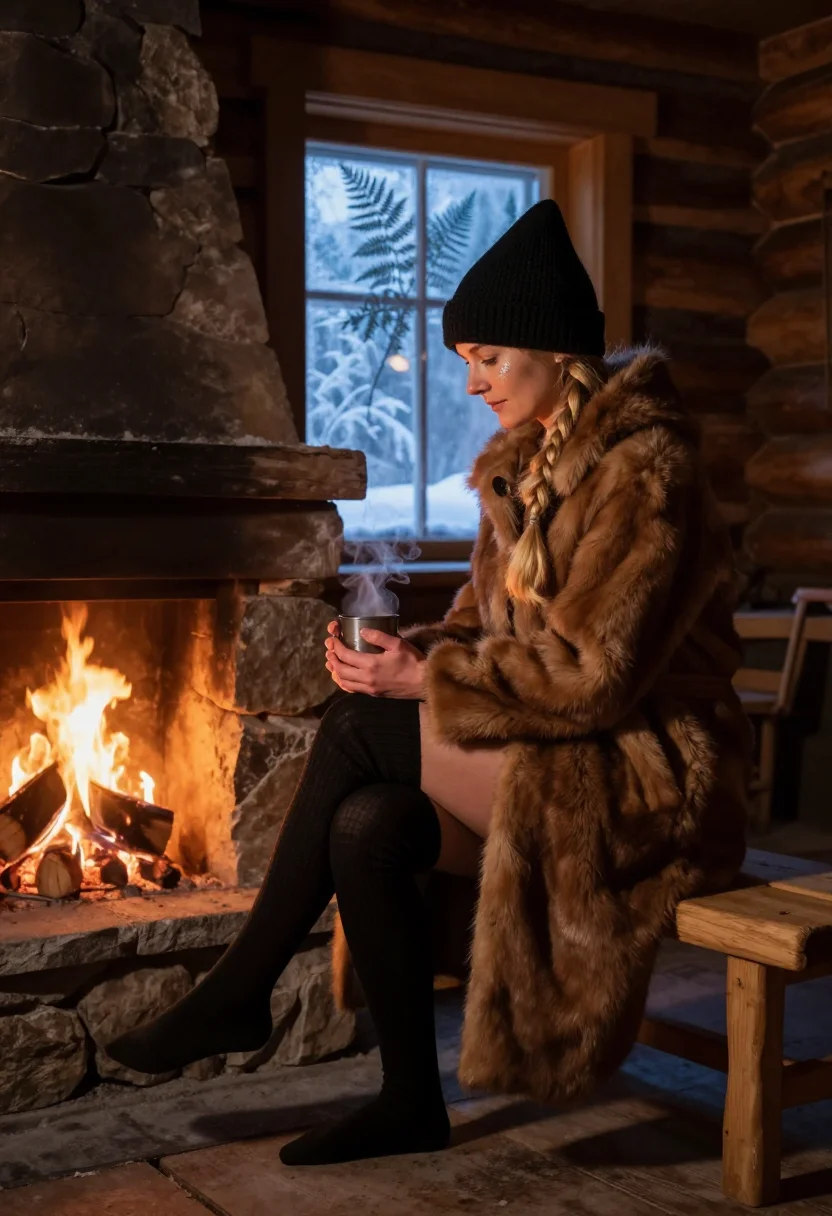 AI witch winter hut sample — portrait of a woman, full-length side view of a grown Norwegian woman by the hearth