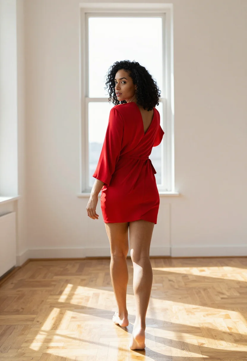 AI wrap dress untied sample — portrait of a woman, full-length rear three-quarter view on the honey parquet