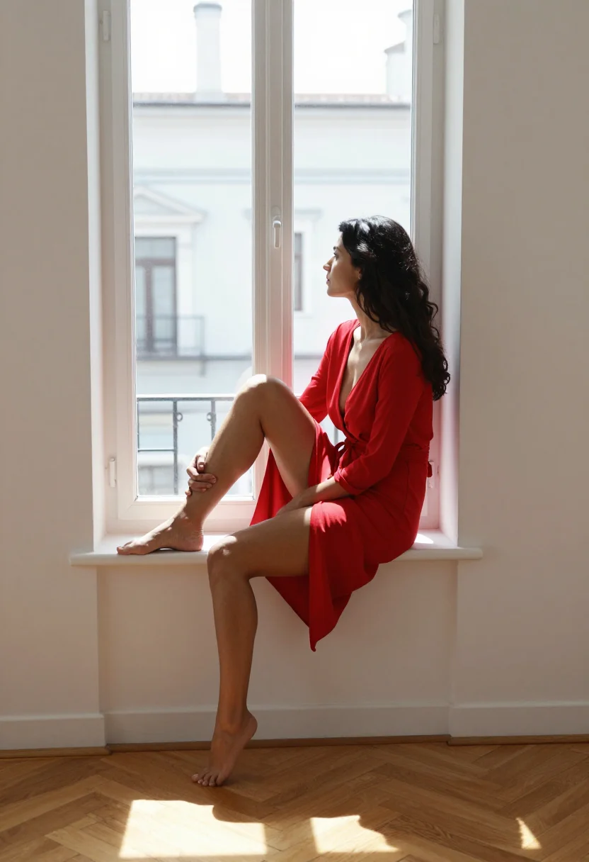 AI wrap dress untied sample — portrait of a woman, full-length side view of a grown Greek woman by the white wall