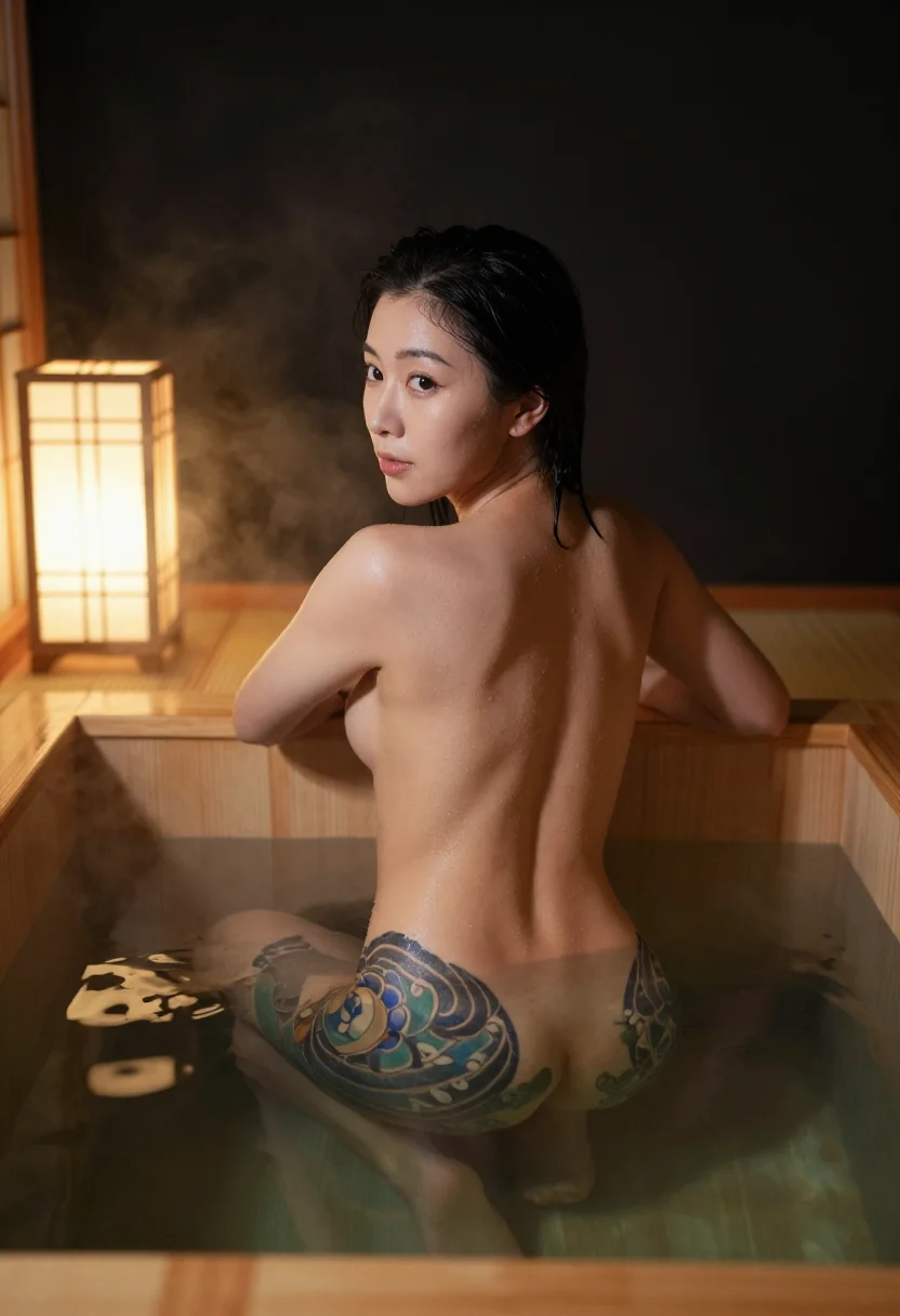 AI yakuza wife sample — portrait of a woman, three-quarter-length portrait of a Japanese woman from behind, bare in the wooden bath