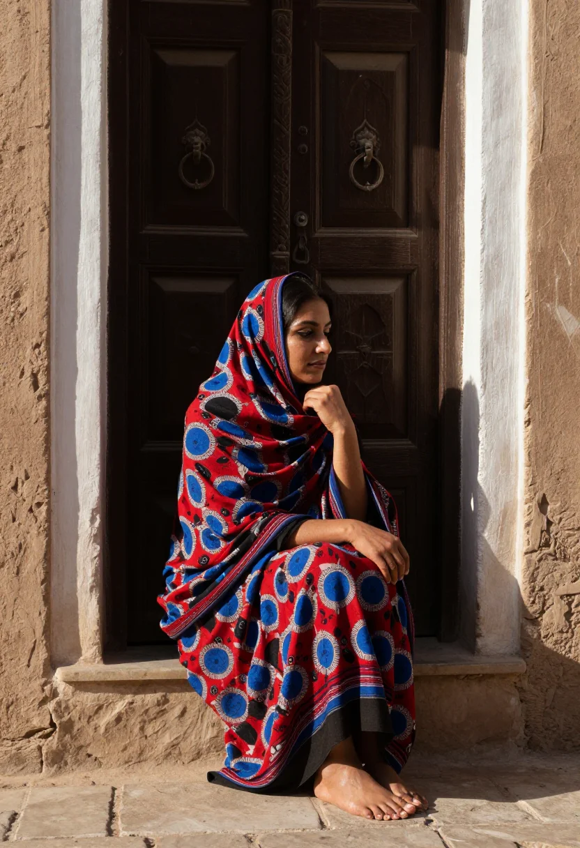 AI yemeni sitara sample — portrait of an adult woman, three-quarter length side view in the tower-house light