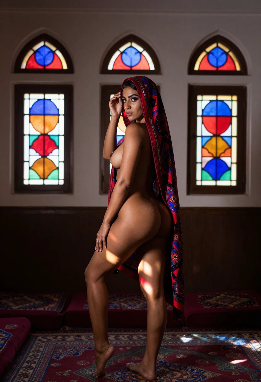 AI yemeni sitara sample — portrait of an adult woman, full-length rear three-quarter view in the printed sitara